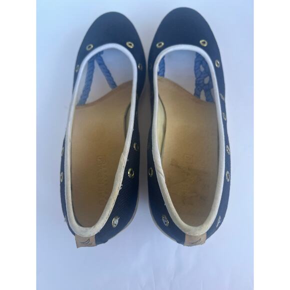 Sperry HTF Top Sider Navy Blue & White Slip On Low Wedge Slip On Boat Shoes 10M - Picture 7 of 14